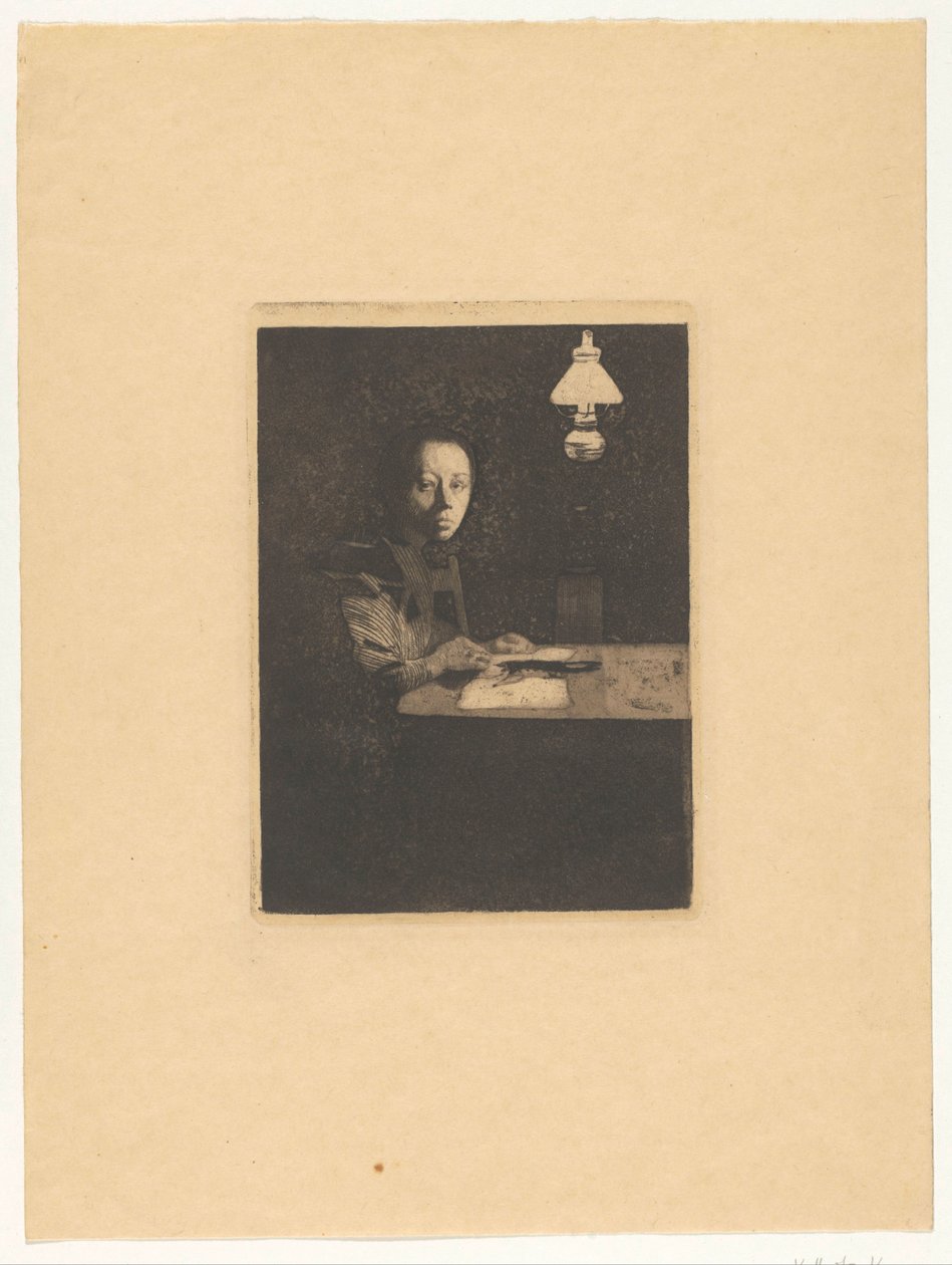 Porträtt av en cell på bordet Självporträtt vid bordet (originaltitel) av Käthe Kollwitz