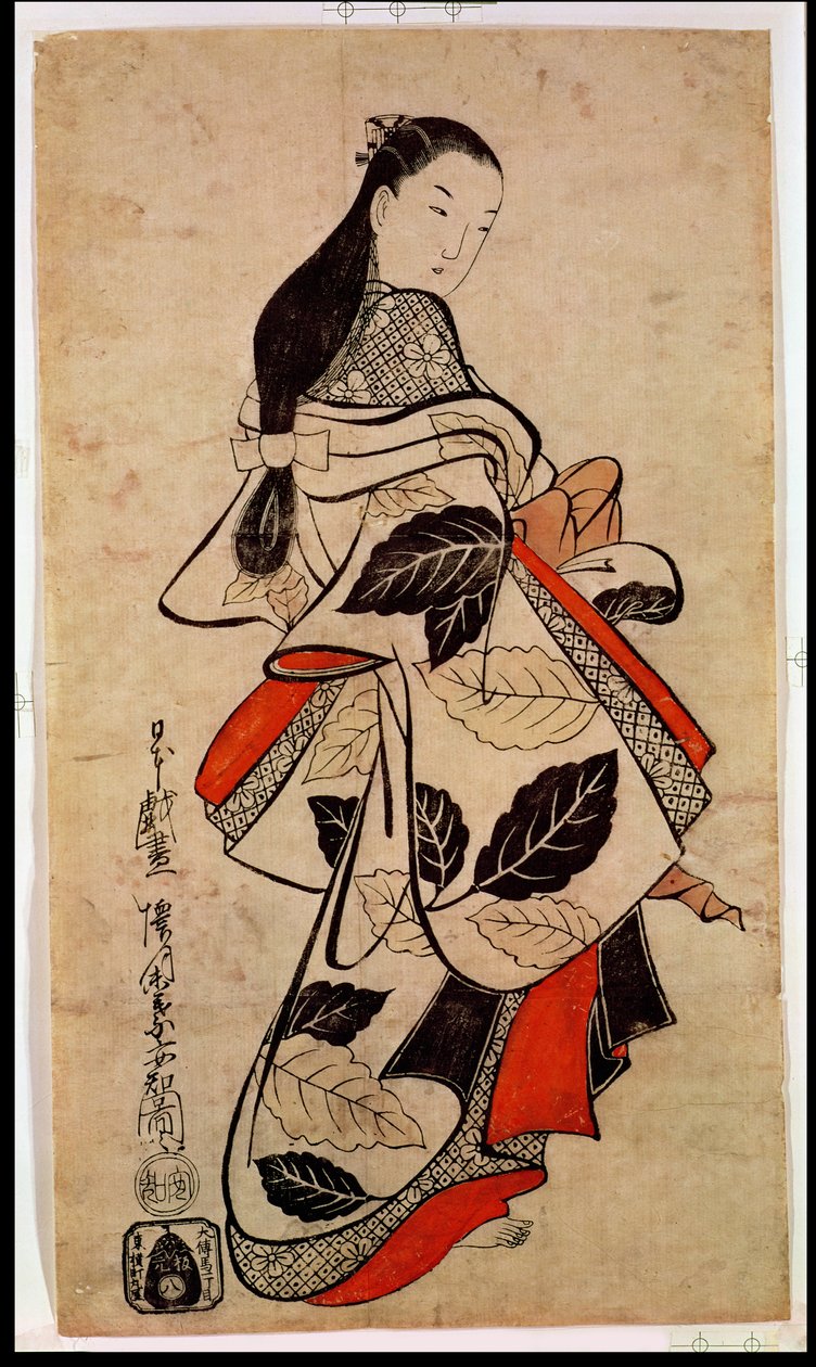 Stående kurtisan, pub. 1710, (kakemono-e storlek, handfärgat träblockstryck) av Kaigetsudo Anchi