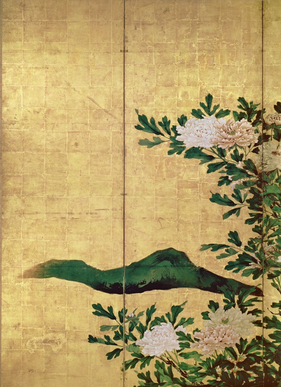 Detalj av blommor (bläck, färger och guld på papper) av Kaiho Yusho