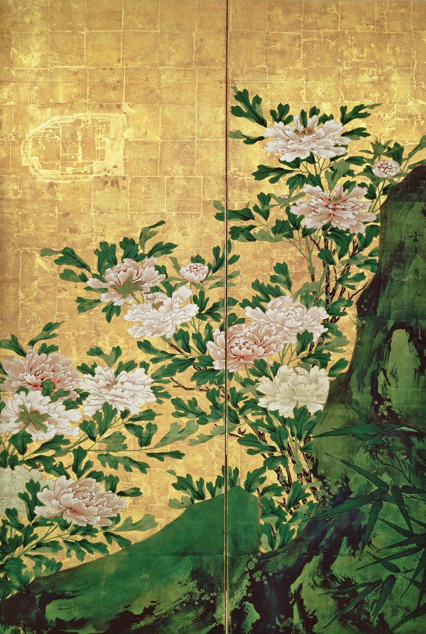 Detalj av blommor (bläck, färger och guld på papper) av Kaiho Yusho