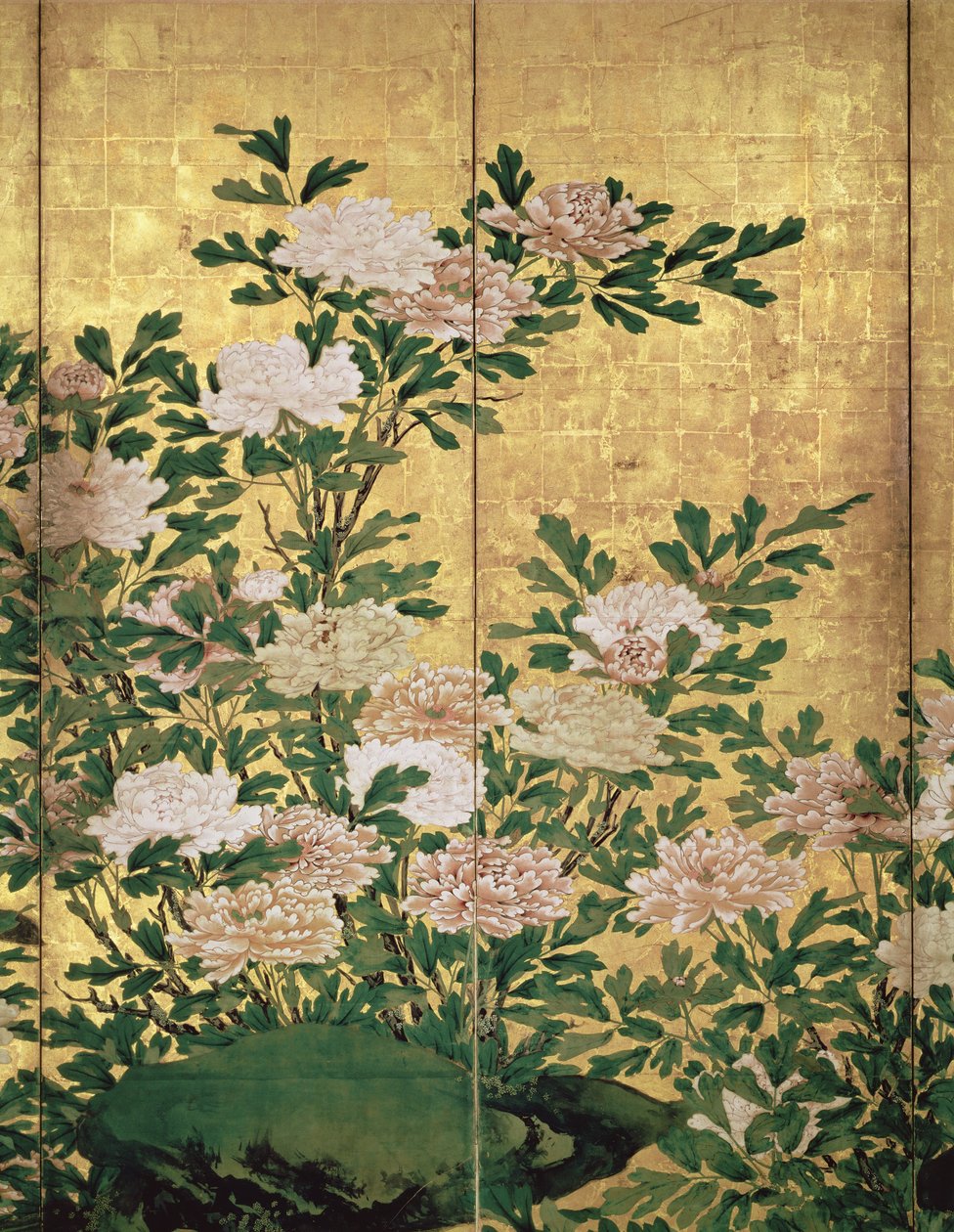 Detalj av blommor bläck, färger & guld på papper av Kaiho Yusho