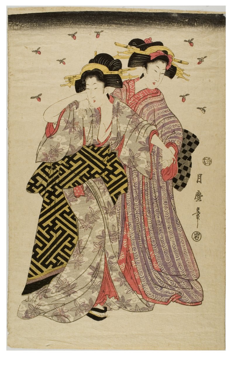 Kurtisaner och eldflugor, ca 1800-1842 (träsnitt på papper) av Kaimei Tsukimaro