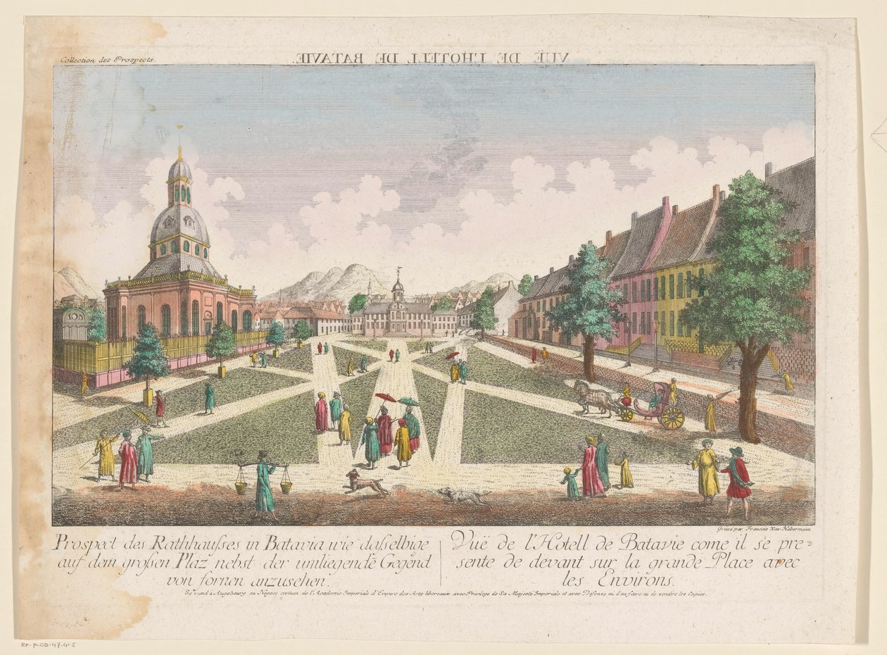 Se på stadhuset och de Nieuwe Hollandse Kerk te Batavia Utsikten till stadshuset i Batavia som samma på det stora torget att se tillsammans med det omgivande området av fornen (titel på objekt) av Kaiserlich Franziskische Akademie