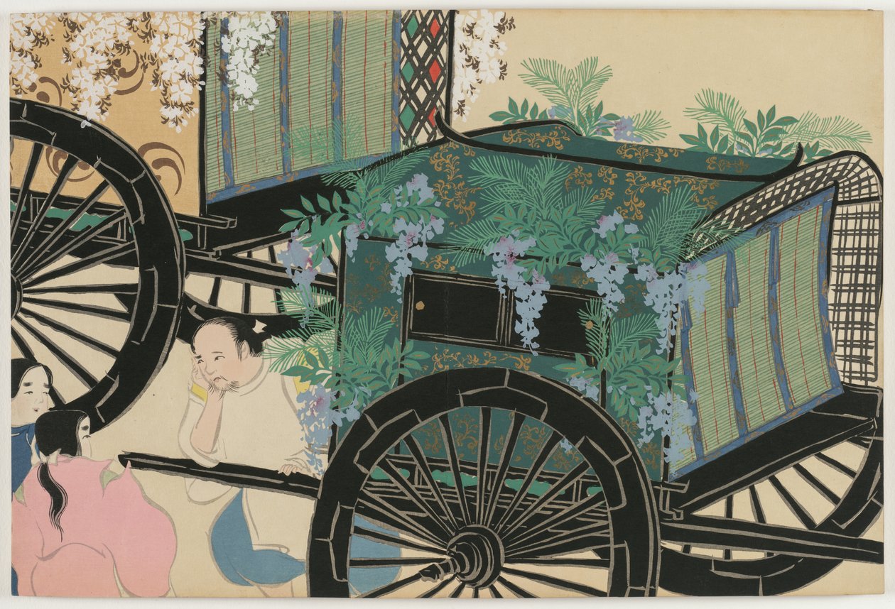 Flowers of a Hundred Worlds (Momoyogusa): Blomdraperade vagnar (Hanasashiguruma) av Kamisaka Sekka
