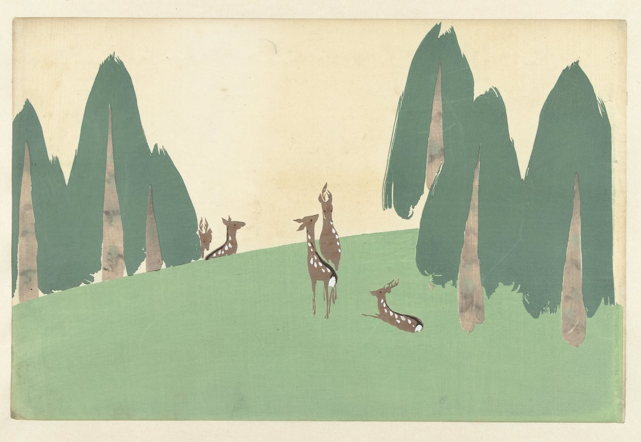 Kasugano-hjort, 1909 (trätryck) av Kamisaka Sekka