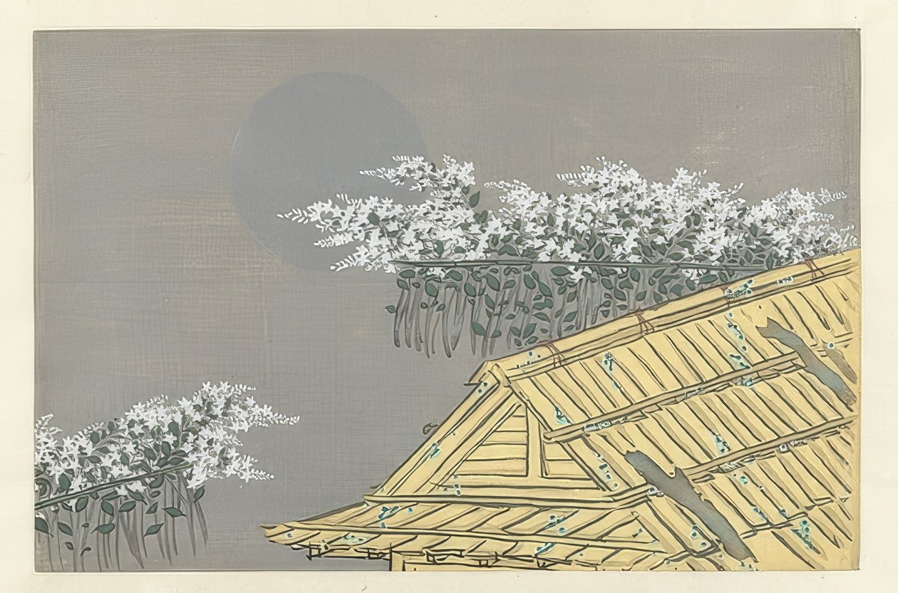 Vita blommande grenar på ett hus. 1909 av Kamisaka Sekka