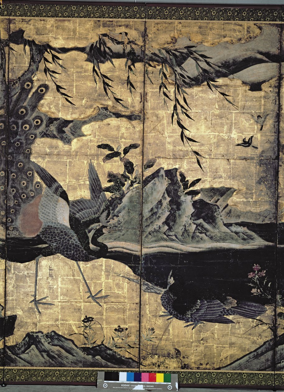 Fåglar och blommor från de fyra årstiderna (penna och bläck, färg, guldpapper på panel) (se 216551, 216553) av Kano Soshu