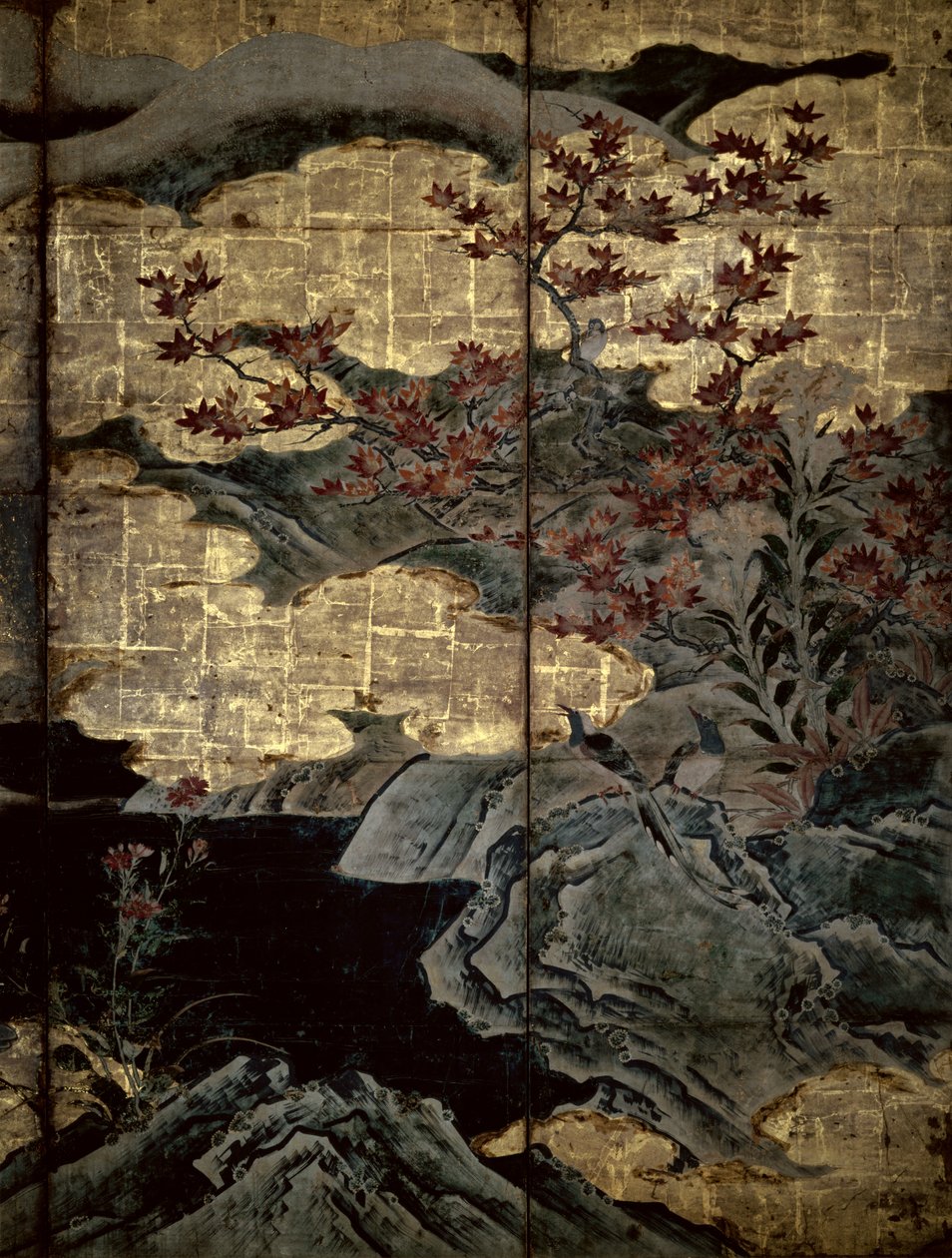 Fåglar och blommor från de fyra årstiderna (penna och bläck, färg, guldpapper på panel) (se 216552, 216551) av Kano Soshu