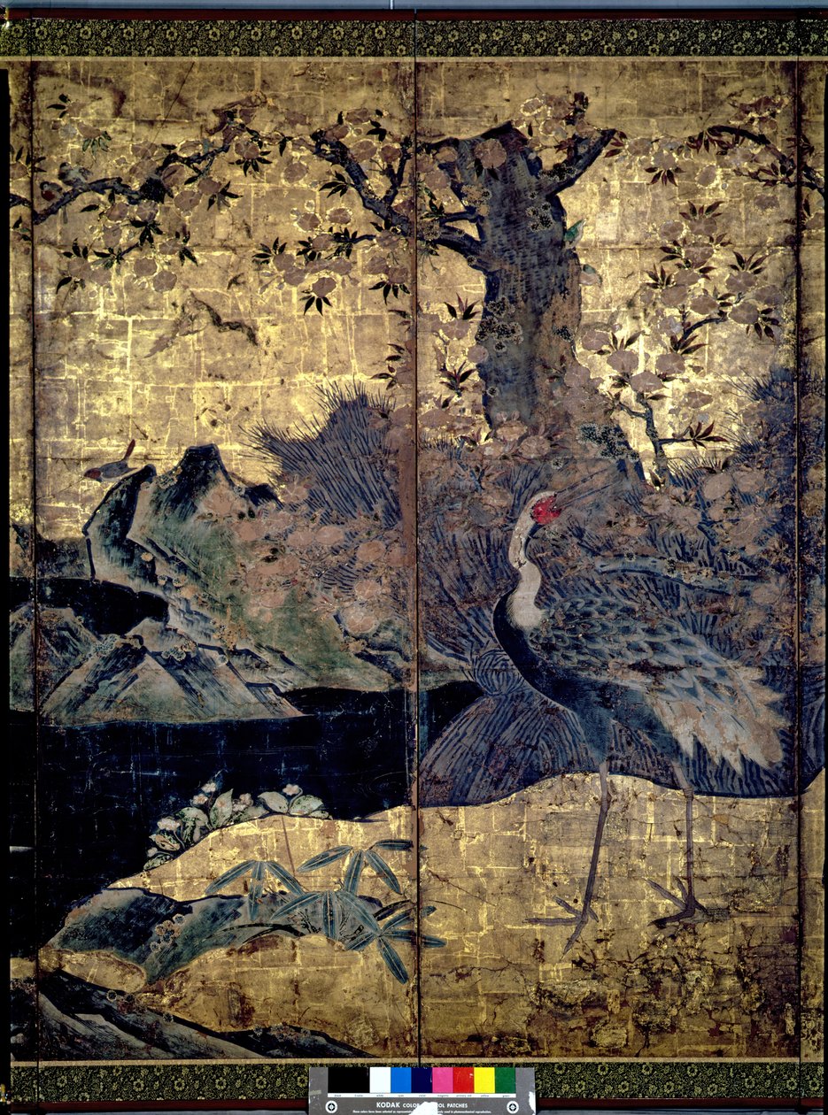 Fåglar och blommor från de fyra årstiderna (penna och bläck, färg, guldpapper på panel) (se 216554, 216556) av Kano Soshu