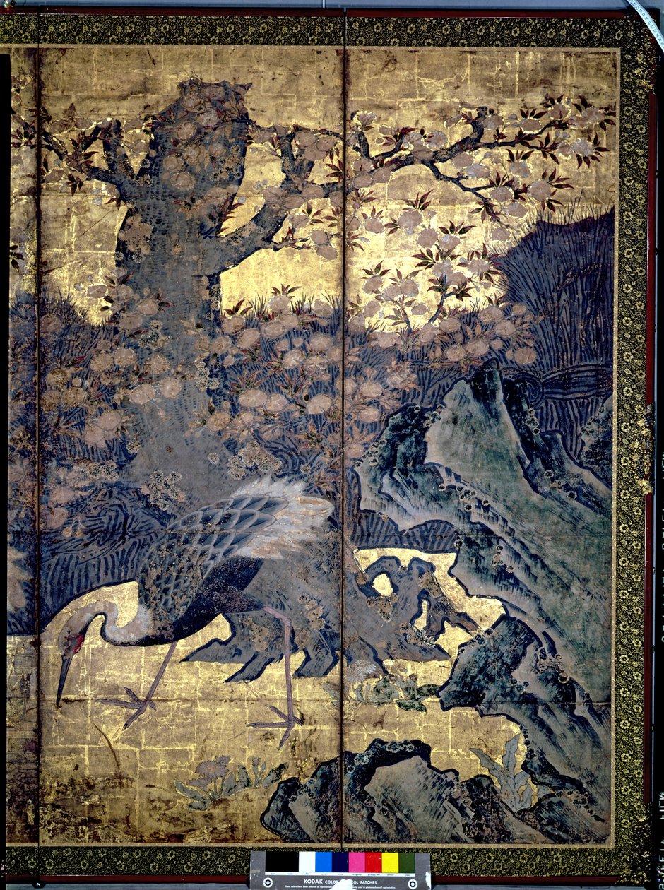 Fåglar och blommor från de fyra årstiderna (penna och bläck, färg, guldpapper på panel) (se 216555, 216554) av Kano Soshu