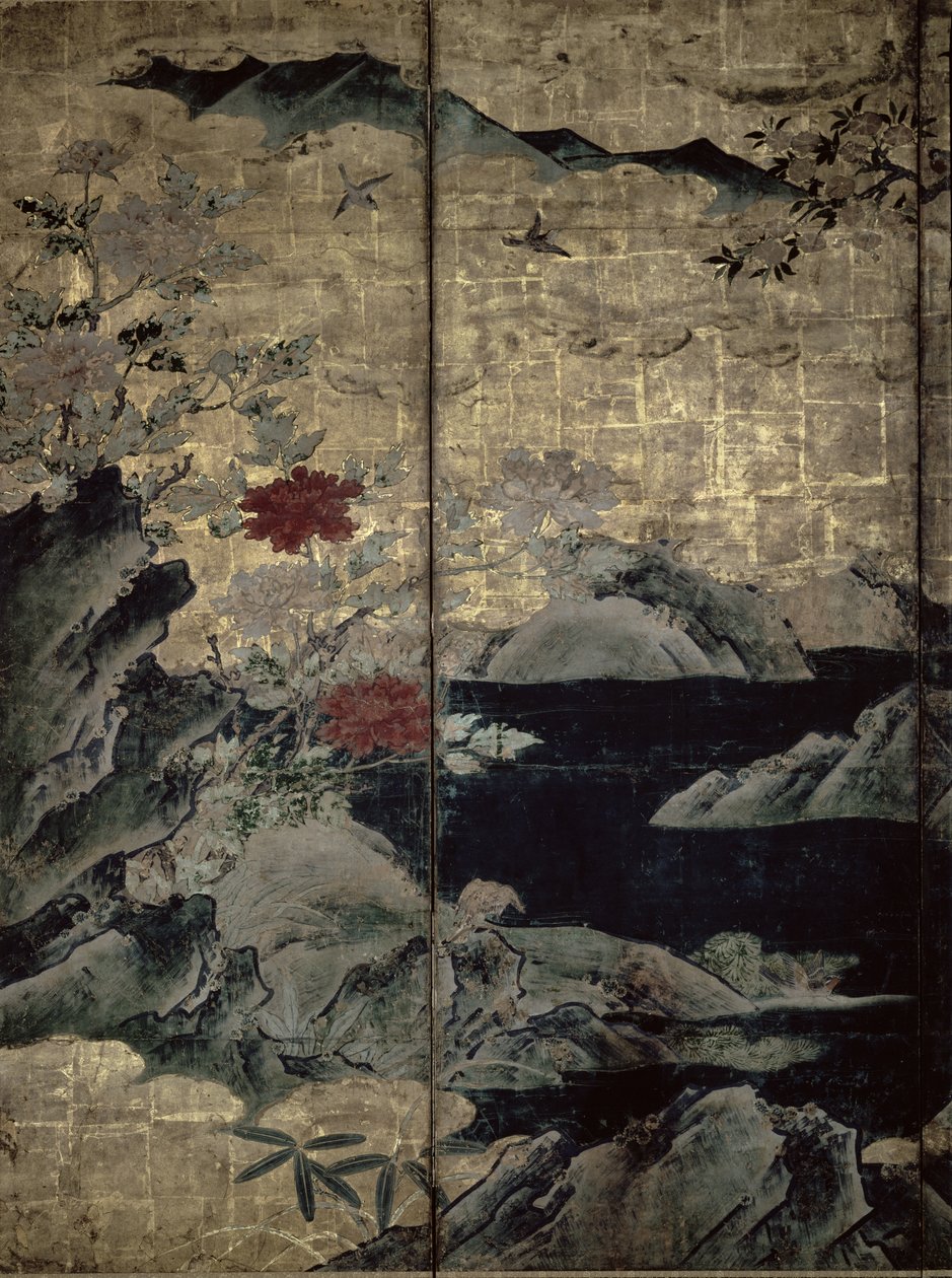 Fyra årstidernas fåglar och blommor (penna och bläck, färg, guldpapper på panel) (se 216555, 216556) av Kano Soshu