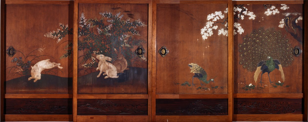Målningar på skjutdörrar av trä, ca 1700 (bläck och wc på trä) av Kano Tsunenobu