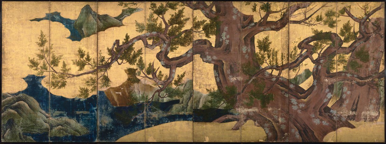 Cypress Tree Eight-vikt skärm, 1590 av Kano Eitoku