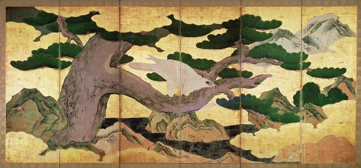 The Hawks in the Pines, vikbar skärm med 6 paneler (penna och bläck, färg, guld på panel) (se 216562) av Kano Eitoku