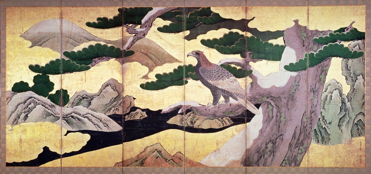 The Hawks in the Pines, 6 panelers vikbar duk (pen och bläck, färg, guld på panel) (se 216561) av Kano Eitoku