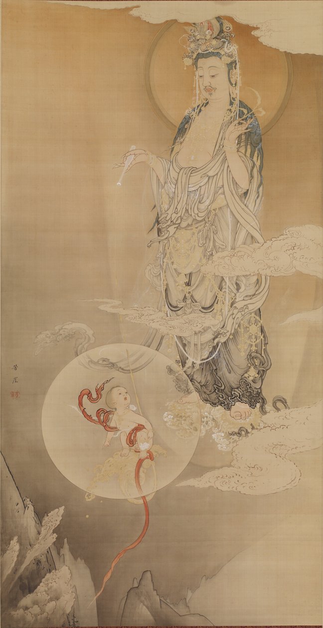 The Bodhisattva Kannon, 1883 (bläck, färg och guld på siden) av Kano Hogai