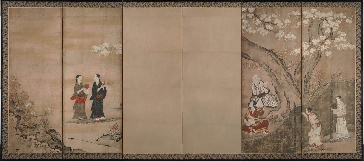 Glad att göra under aroniablommor. Höger om ett par sexsektionerade vikskärmar, 1700-tal av Kano Isenin Naganobu