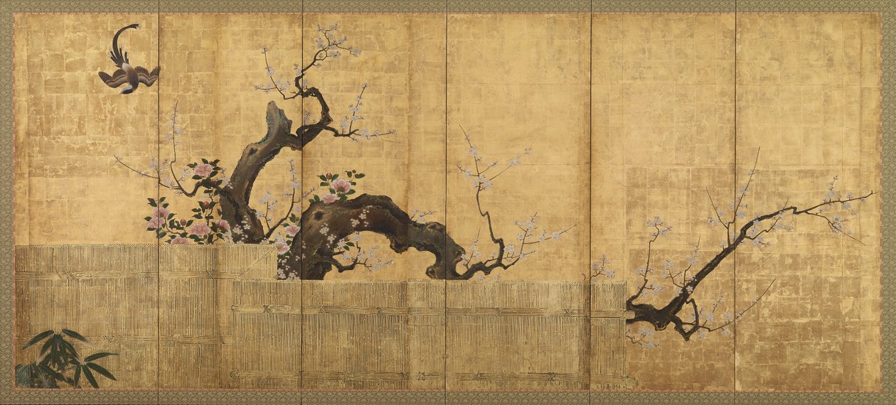 Blommande plommon och kamelia i ett trädgårdslandskap, Edo-period, sent 1500-tidigt 1600-tal. av Kano Koi