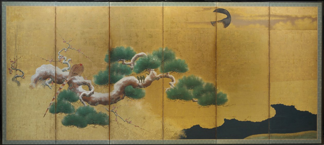 Fasan och tall, ca 1626 (bläck, färg  guld på papper) av Kano Koi