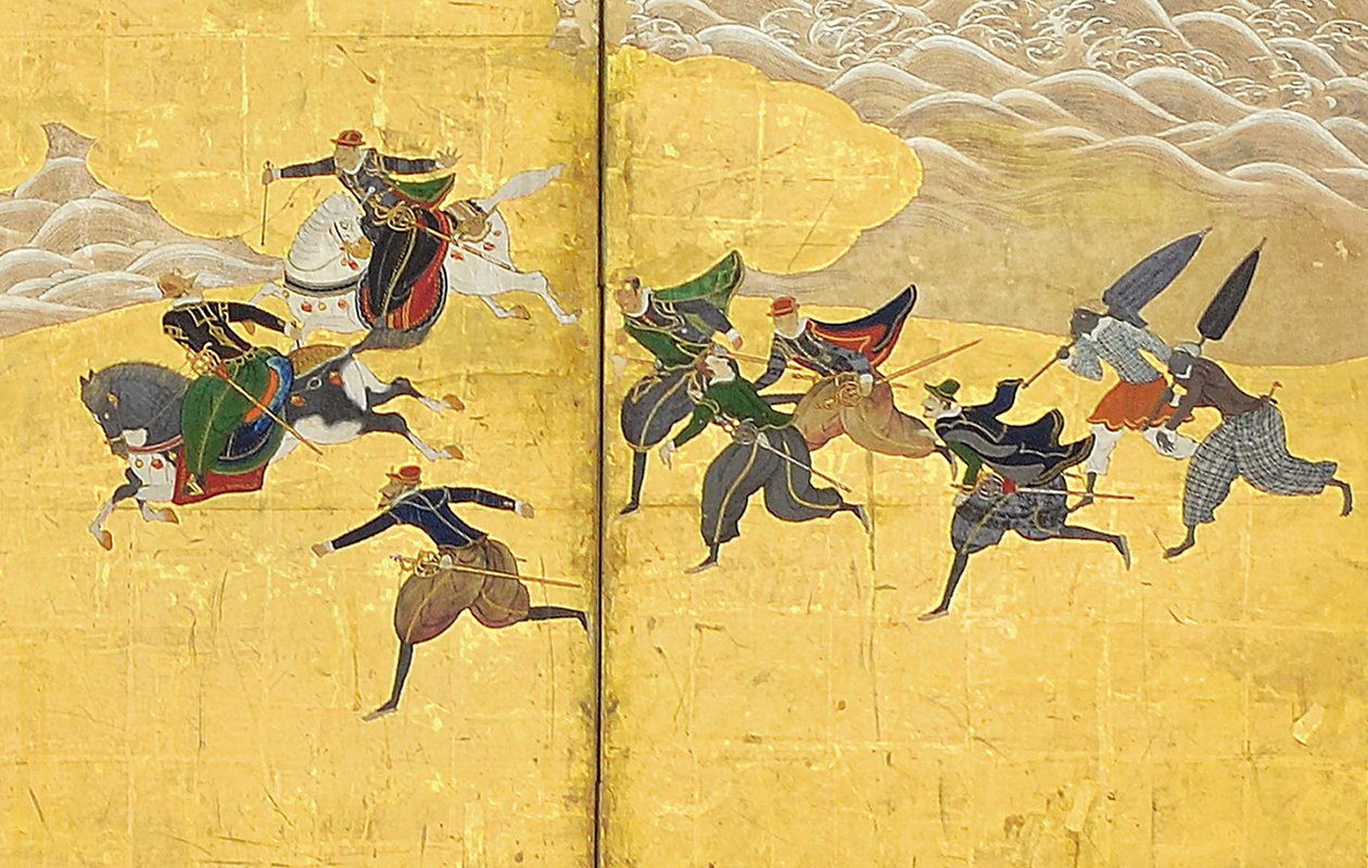 Detalj av Southern Barbarians Come to Trade, ett par sexpanelsskärmar, tidigt 1600-tal av Kano Naizen