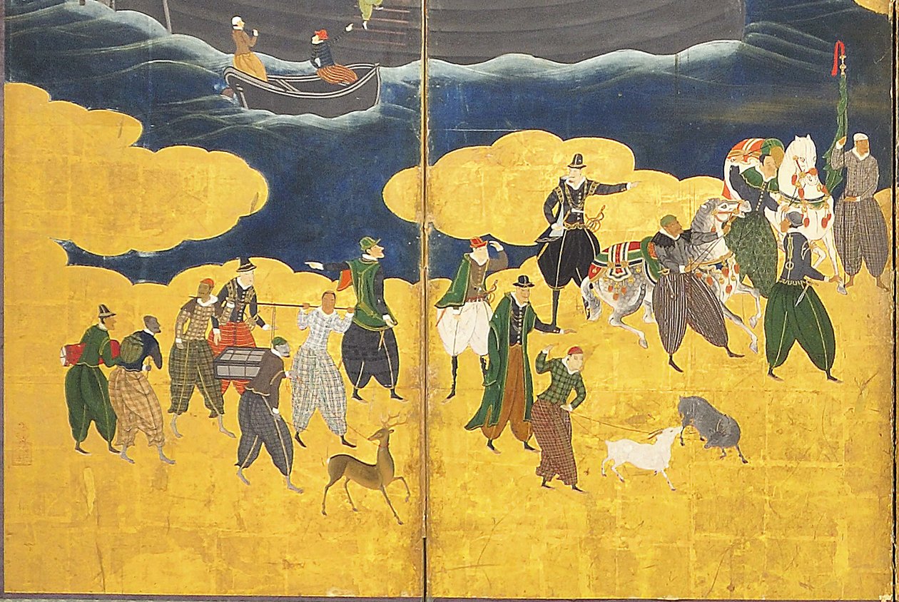 Detalj av Southern Barbarians Come to Trade, ett par sexpanelsskärmar, tidigt 1600-tal av Kano Naizen