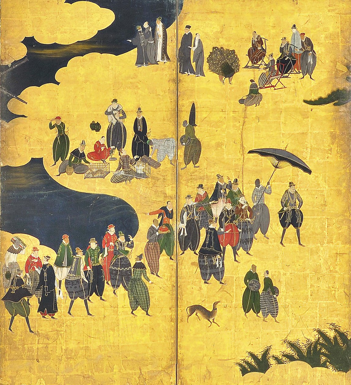 Detalj av Southern Barbarians Come to Trade, ett par sexpanelsskärmar, tidigt 1600-tal av Kano Naizen