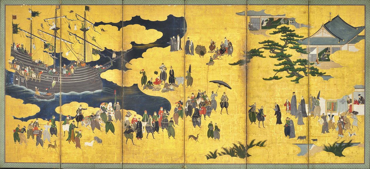Southern Barbarians Come to Trade, ett par sexpanelsskärmar, tidigt 1600-tal av Kano Naizen