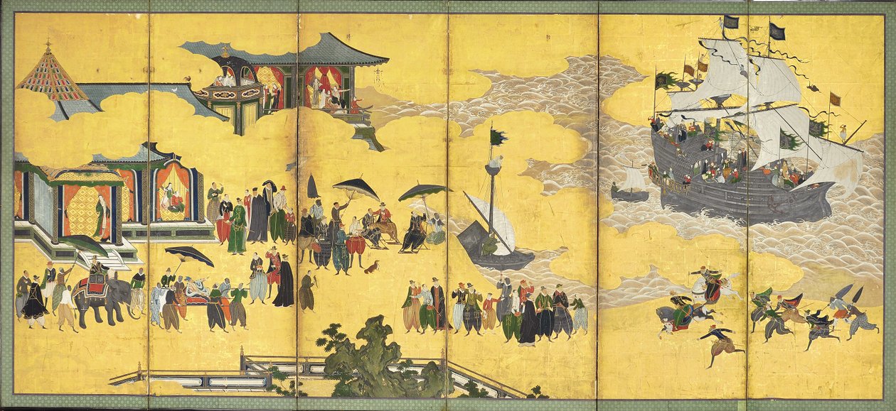 Southern Barbarians Come to Trade, ett par sexpanelsskärmar, tidigt 1600-tal av Kano Naizen
