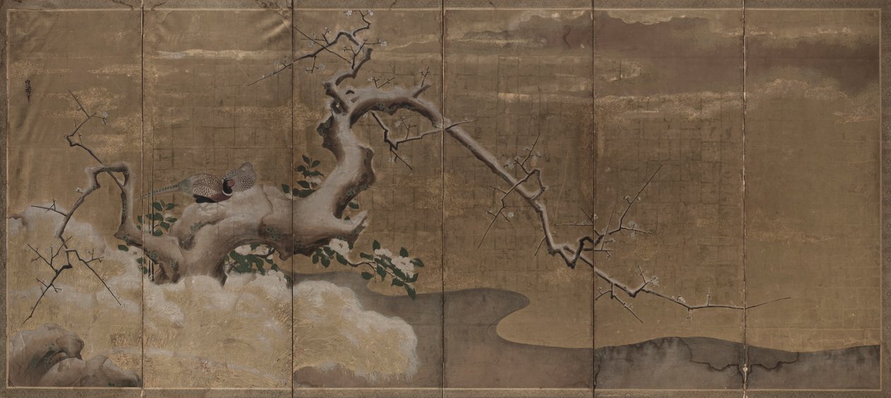 Vinterscen med plommonträd och fasanfåglar höger, tidigt 1600-tal. av Kano Naonobu