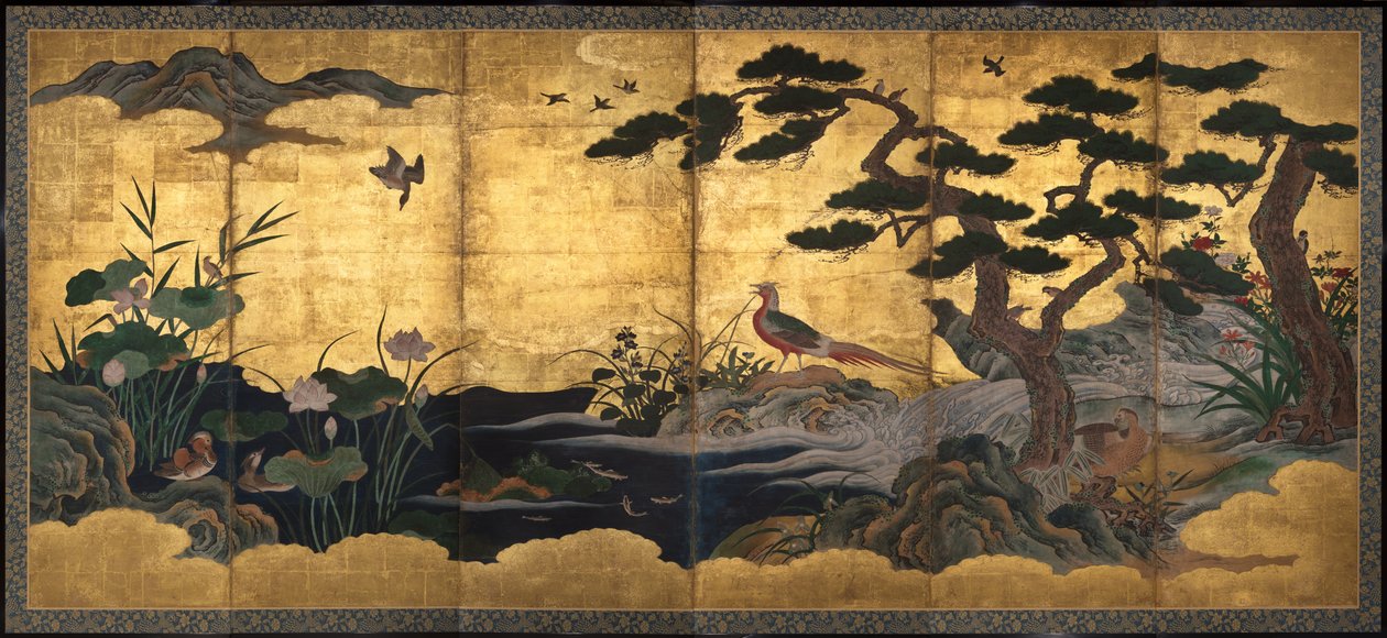 Fåglar och blommor, sent 1500-tal (bläck, färg, bladguld och guldfläckar på papper) av Kano Shoei (attr.to)