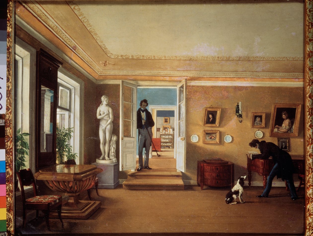 I rummet (En man leker med en hund, medan en annan observerar dem) - I rummet - Målning av Kapiton Alexeyevich Zelentsov (1790-1845), olja på duk - Rysk konst av Kapiton Alekseevich Zelentsov