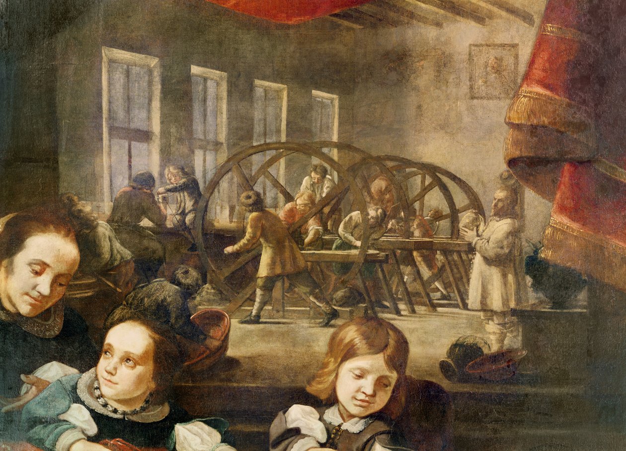 Detalj från ett porträtt av ädelstensskäraren Dyonis Miseroni och familj, som visar gravyr på glas i hans verkstad, 1653 av Karel Škréta
