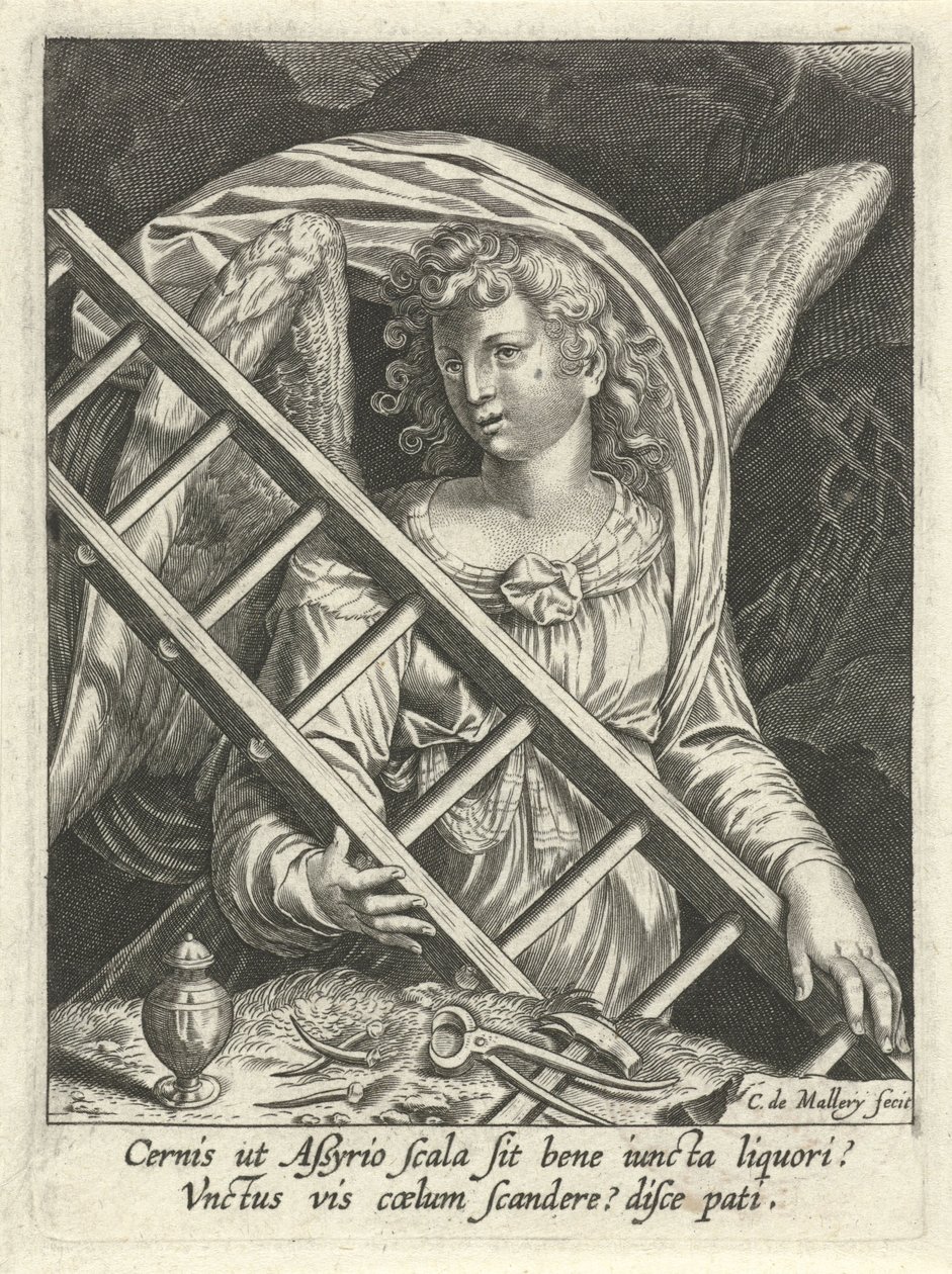 Ängel med stege, hammare, naglar och salva fartyg av Karel van Mallery