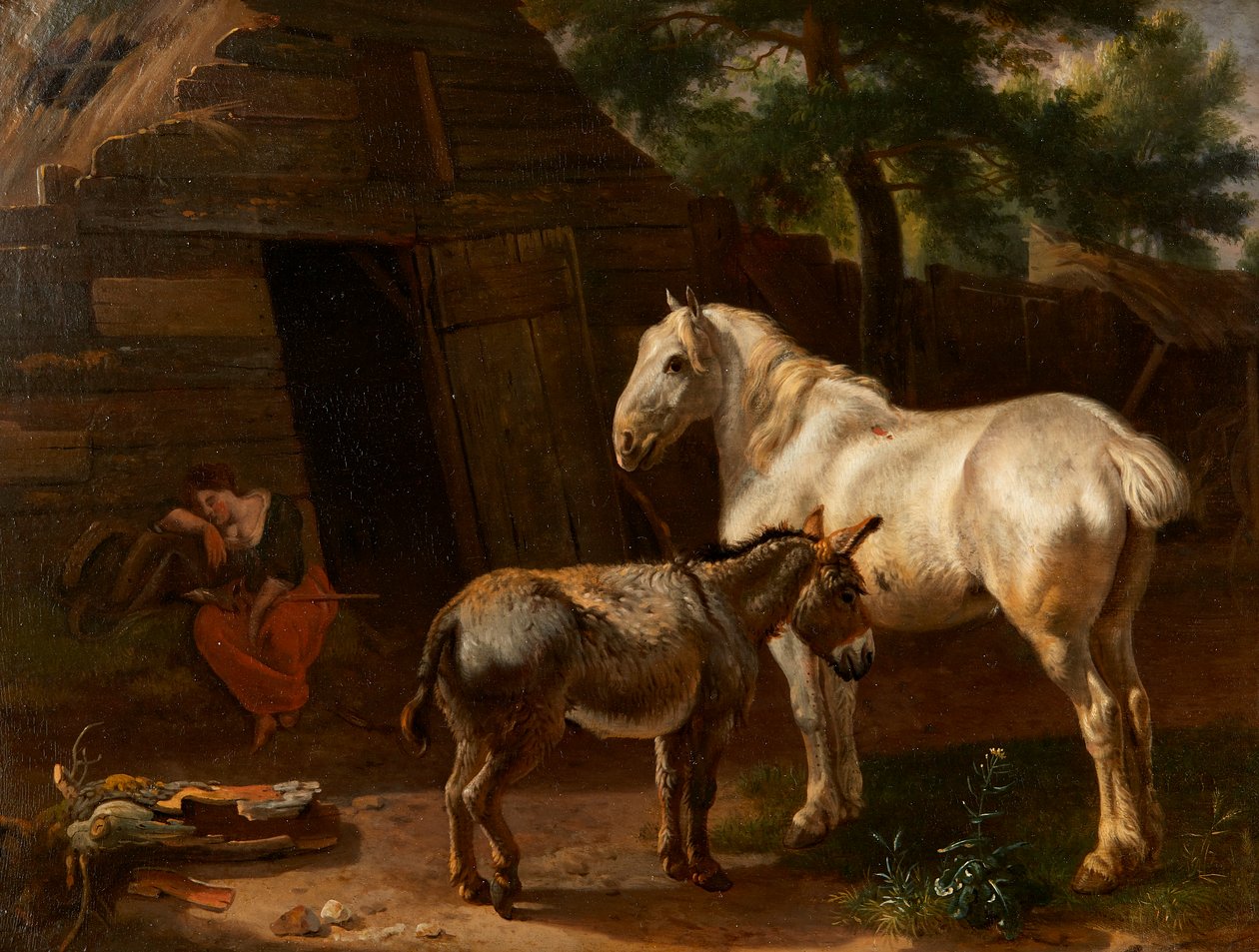 The Sleeping Farm Girl (olja på panel) av Karel (attr.to) Dujardin