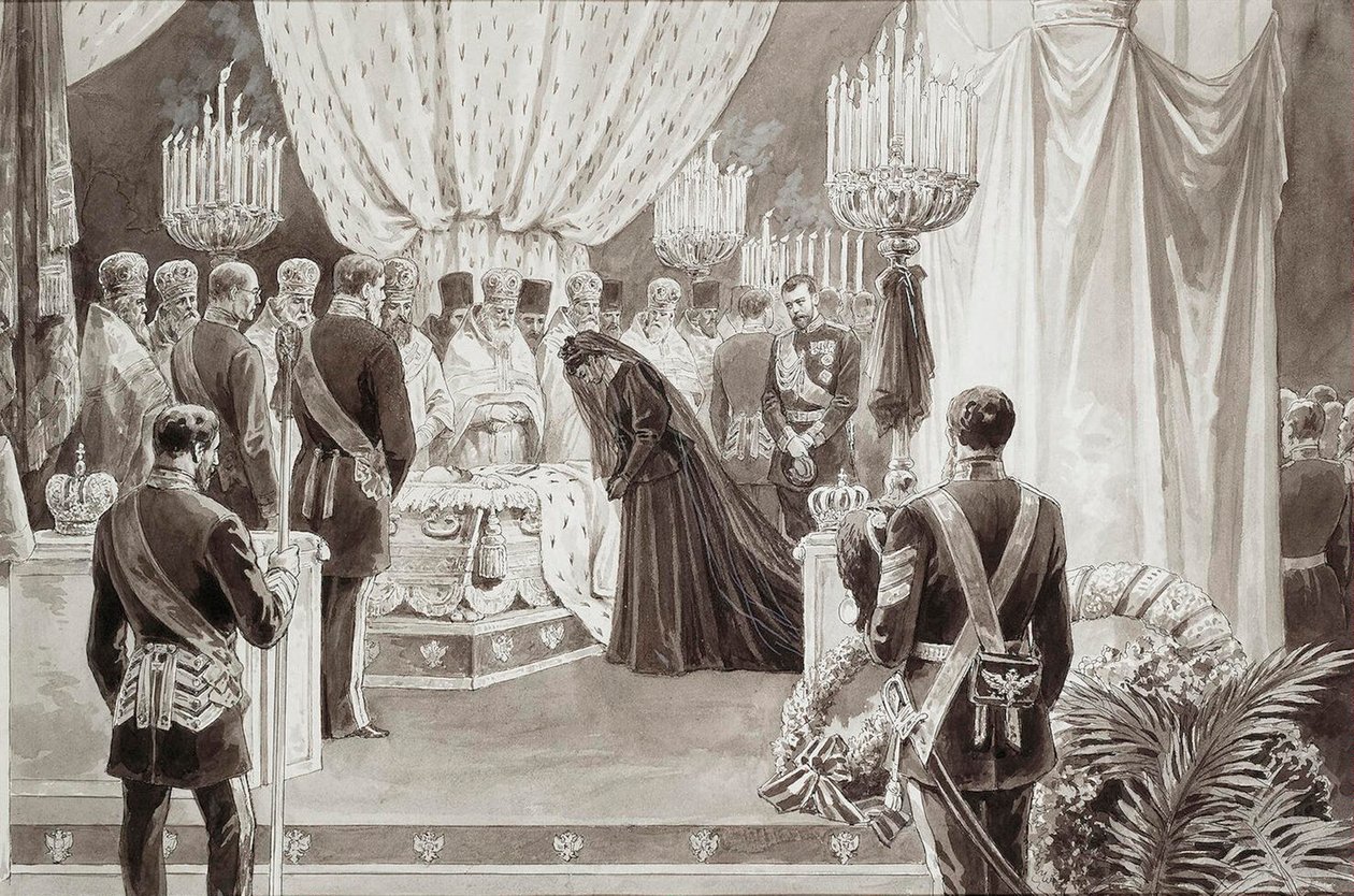 Begravning av kejsar Alexander III i Sts Peter och Paul-katedralen i St Petersburg, 1894. av Karel Brozh