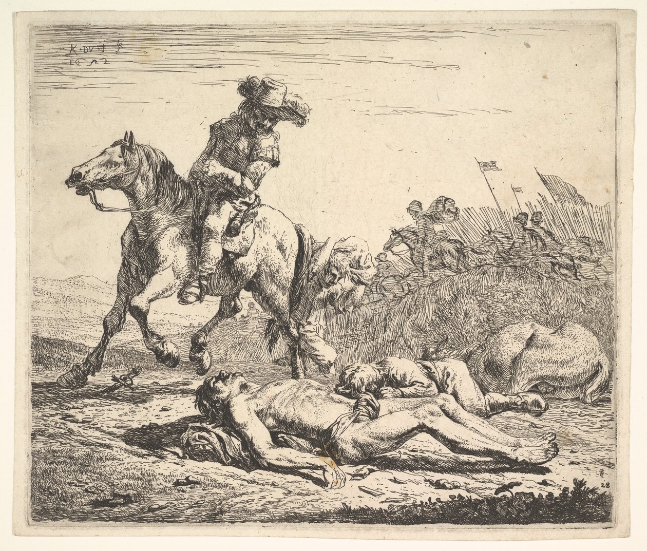 Slagfält med ryttare som tittar över sin vänstra axel mot avskalat lik på gro..., 1652. av Karel Du Jardin