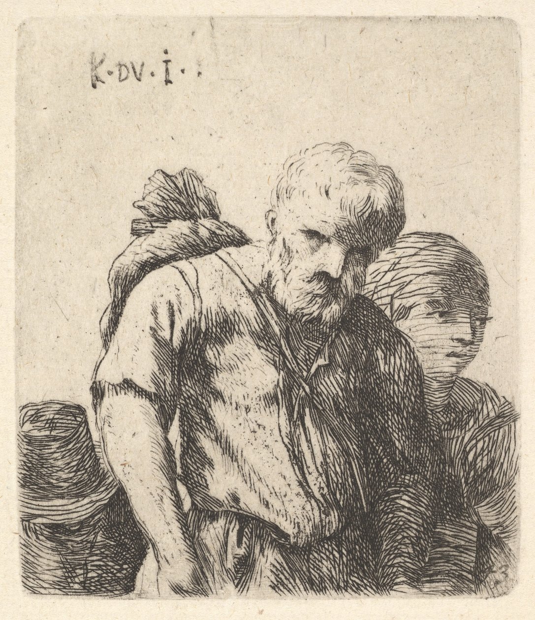 Skäggig man visad i halvlängd med bunt slängd över höger skulderblad, flank..., ca. 1641-78. av Karel Du Jardin