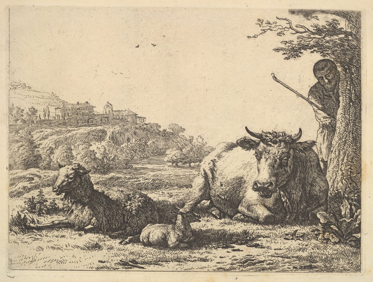 Ko, vuxna får och unga får som ligger i gräset, bortom, står en herde delvis ..., 1656. av Karel Du Jardin