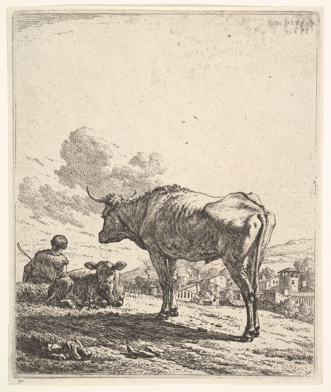 Koherde med ko och kalv på en sluttning, koherden sedd bakifrån och sittande i ..., 1658. av Karel Du Jardin