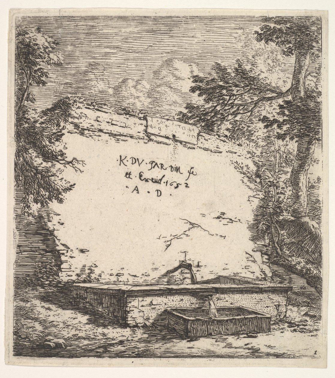 Frontispice med avtrappad fontän, en stenmur med vattenpip som häller vatten i en rec..., 1652. av Karel Du Jardin