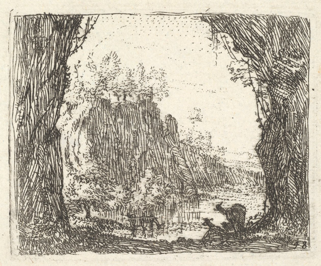 Landskap flankerat av träd i vänster och höger förgrund, silhuetter av två goa..., ca. 1641-78. av Karel Du Jardin