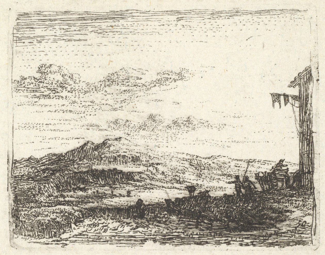 Landskap med hörn av byggnad och markis längst till höger, två figurer och en häst-..., ca. 1641-78. av Karel Du Jardin