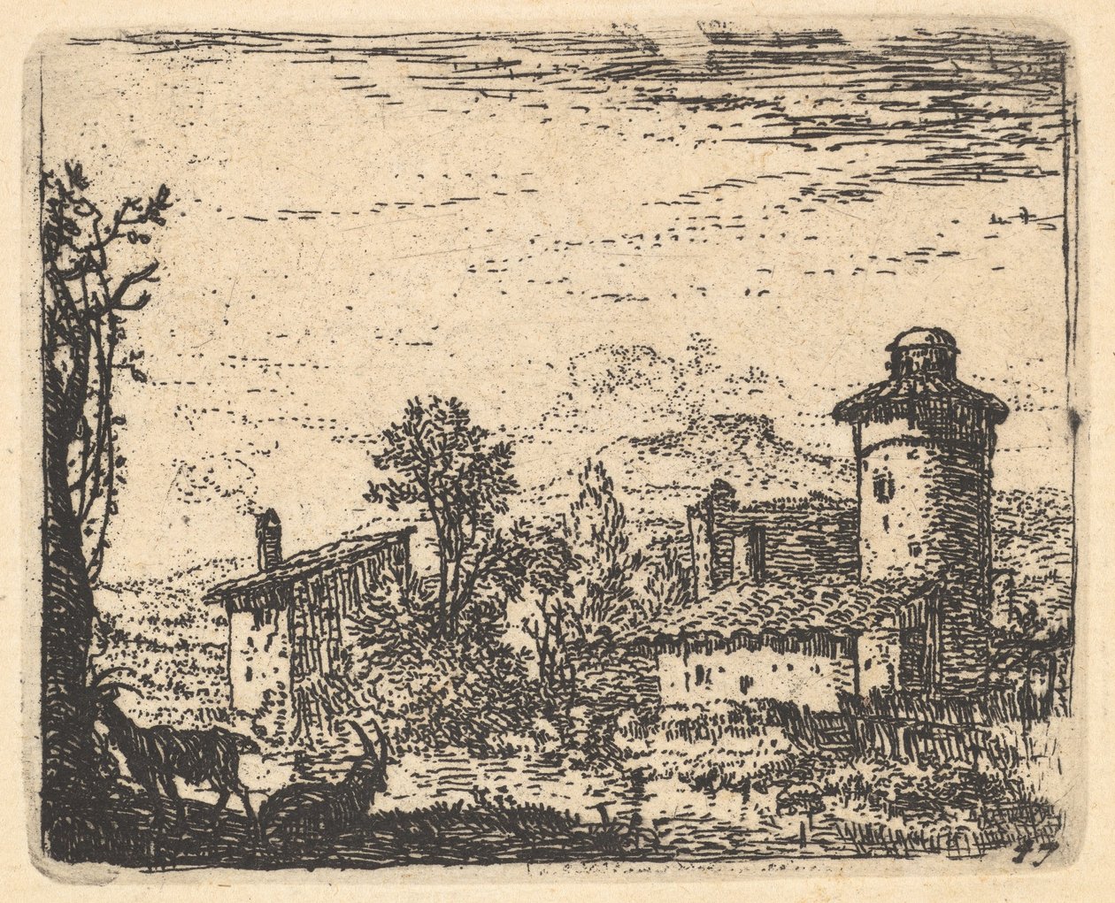 Landskap med två behornade getter i skuggan i vänster förgrund, bybyggnader bey..., ca. 1641-78. av Karel Du Jardin
