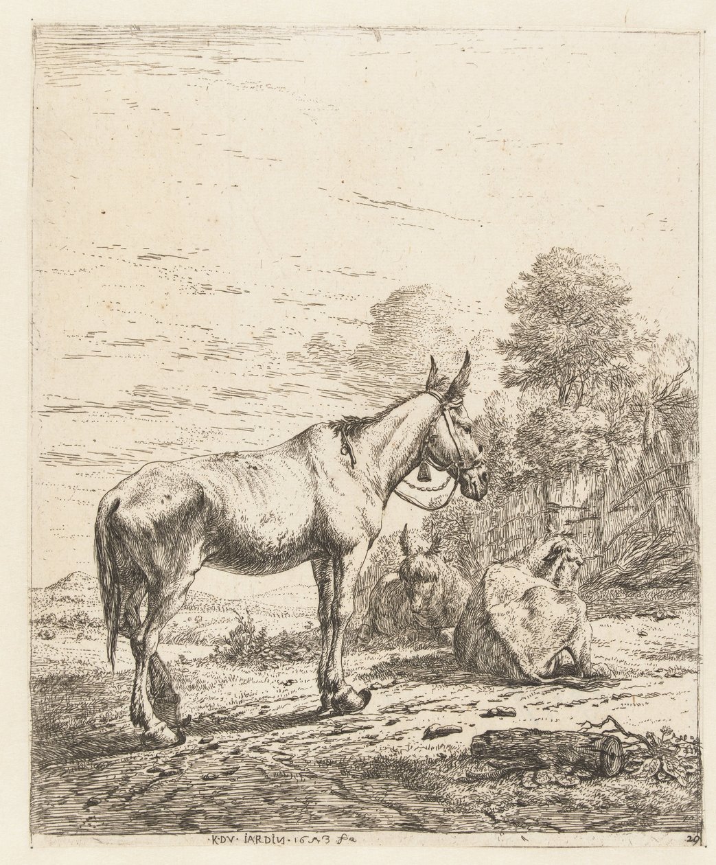 Mula med klocka på grimman och två liggande åsnor av Karel Du Jardin