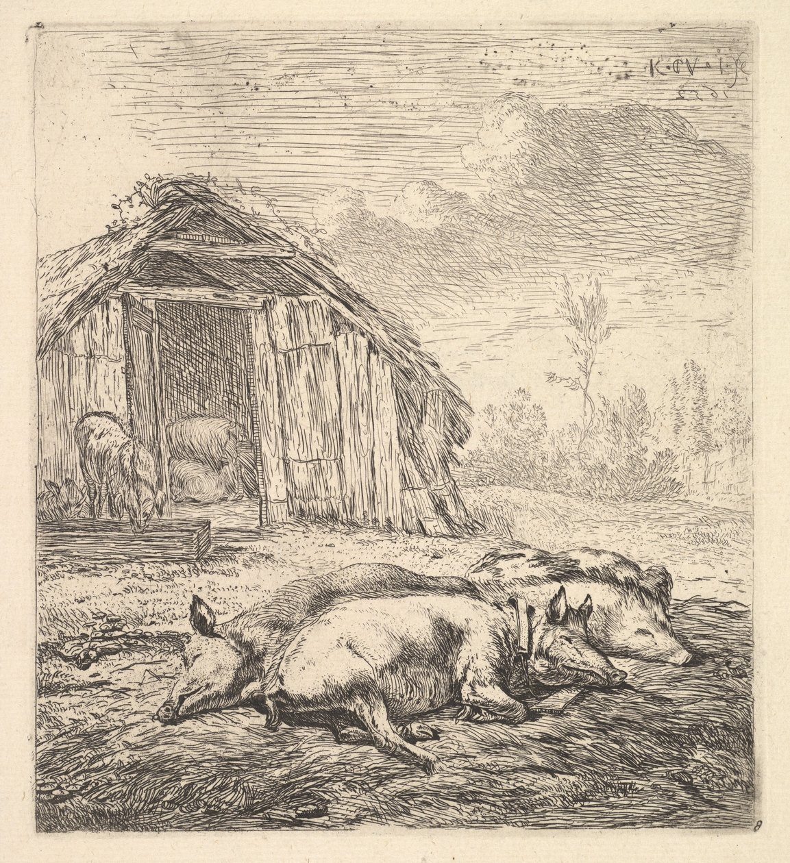 Tre grisar liggande på sidan, en svinstia och tråg bortom, 1652. av Karel Du Jardin