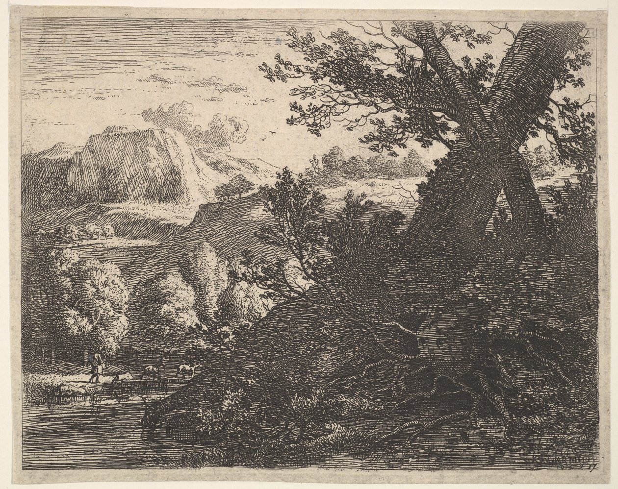 Träd med rötter blottade vid en bäck, ett kuperat landskap och en man som gick bakom q..., 1659. av Karel Du Jardin