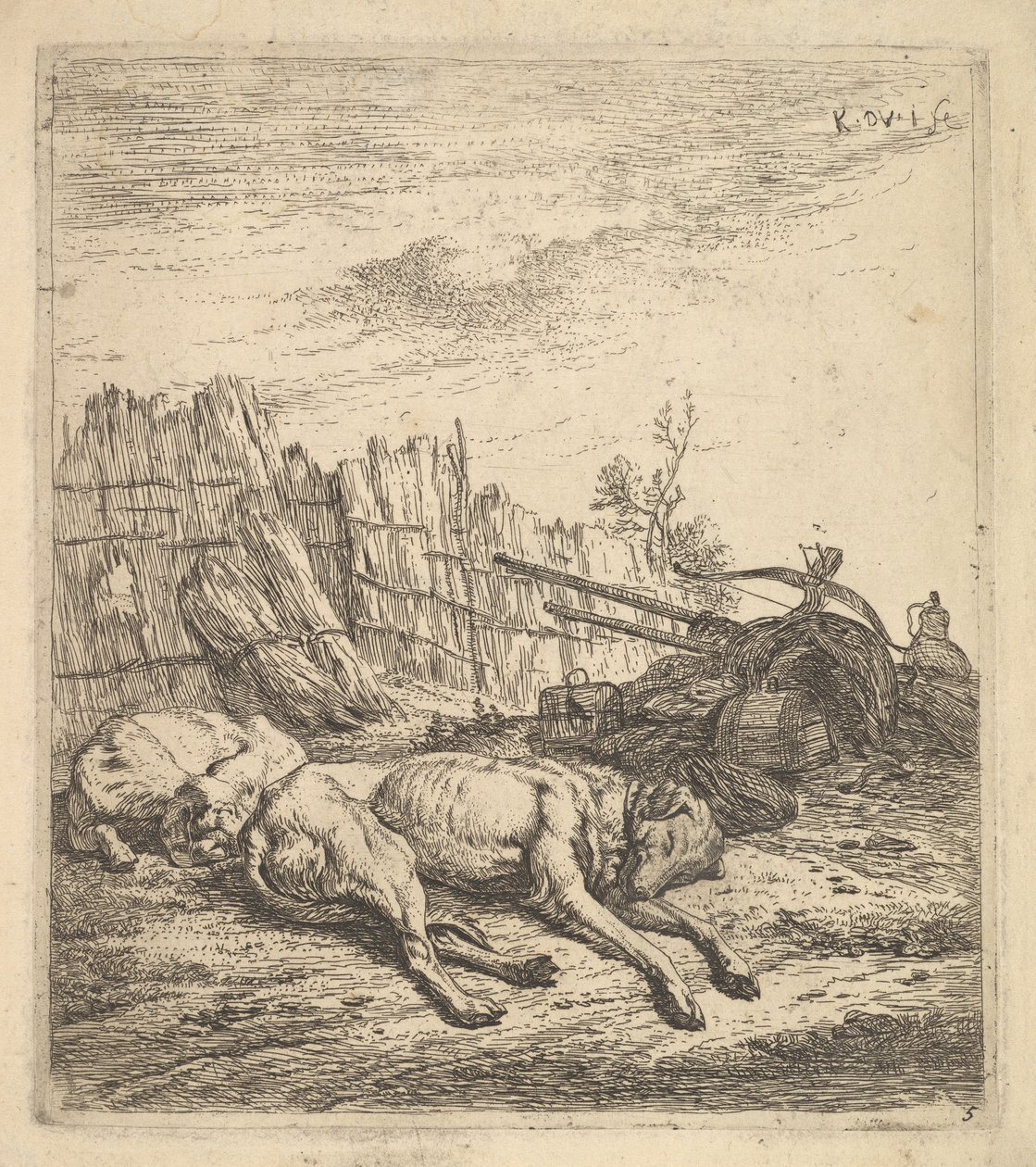Två hundar som sover på marken, en plog, jordbruksutrustning, halmbuntar och en ..., ca. 1641-78. av Karel Du Jardin