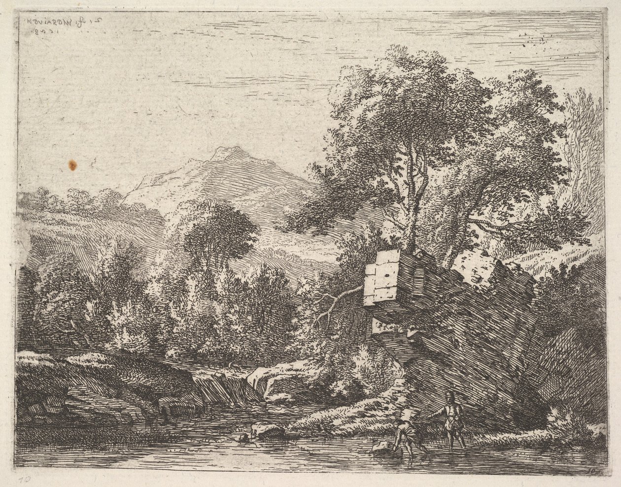 Två män som står ankeldjupt i en vattenmassa med en klipphäll bakom sig, till..., 1658. av Karel Du Jardin