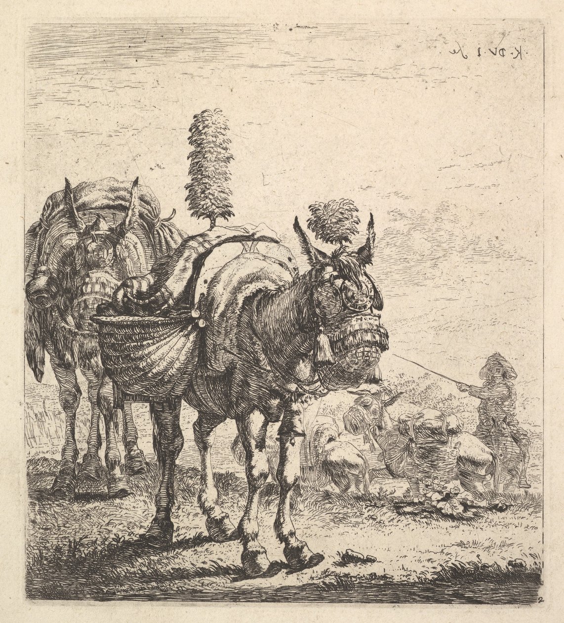 Två mulor som bär väskor och utrustade med skygglappar, plymer och tofsar, en mu..., ca. 1641-78. av Karel Du Jardin