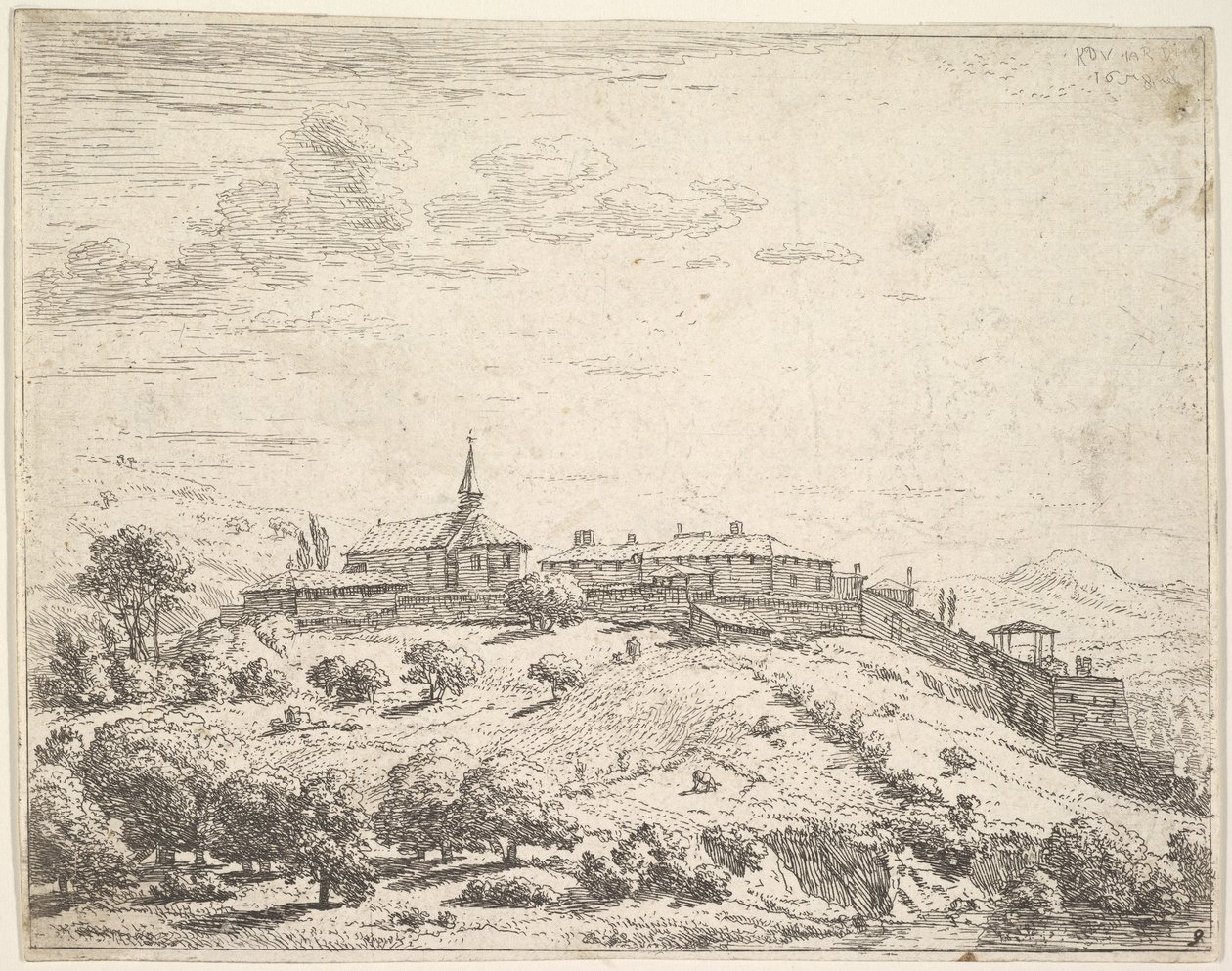 Muromgärdad by på en kulle, med kyrkan till vänster och byggnader byggda på nedförsbacken a..., 1658. av Karel Du Jardin